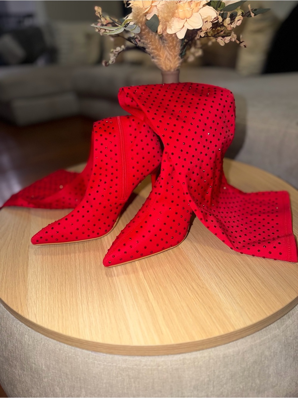 Fox Red Rhinestone Stretch Over-the-Knee Stiletto Boots